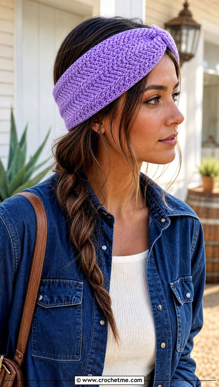 Herringbone Crochet Twist Headband With Western Denim Outfit - 30 crochet twist headband outfit ideas