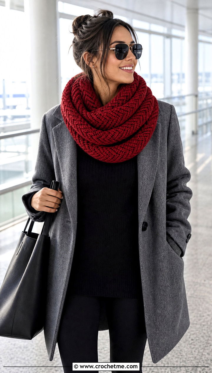 Herringbone Crocheted Infinity Scarf With Blazer And Leggings - 25 Crocheted Infinity Scarf outfit ideas