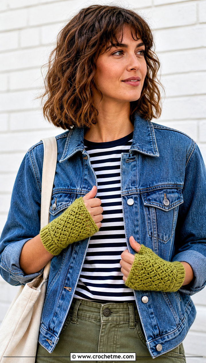 Herringbone DK Yarn Crochet Fingerless Gloves With Denim Jacket - 25 dk yarn crochet fingerless gloves outfit ideas