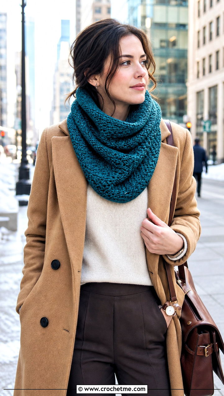 Herringbone Double Length Crochet Cowl With Wool Coat And Trousers - 15 Double Length Crochet Cowl outfit ideas