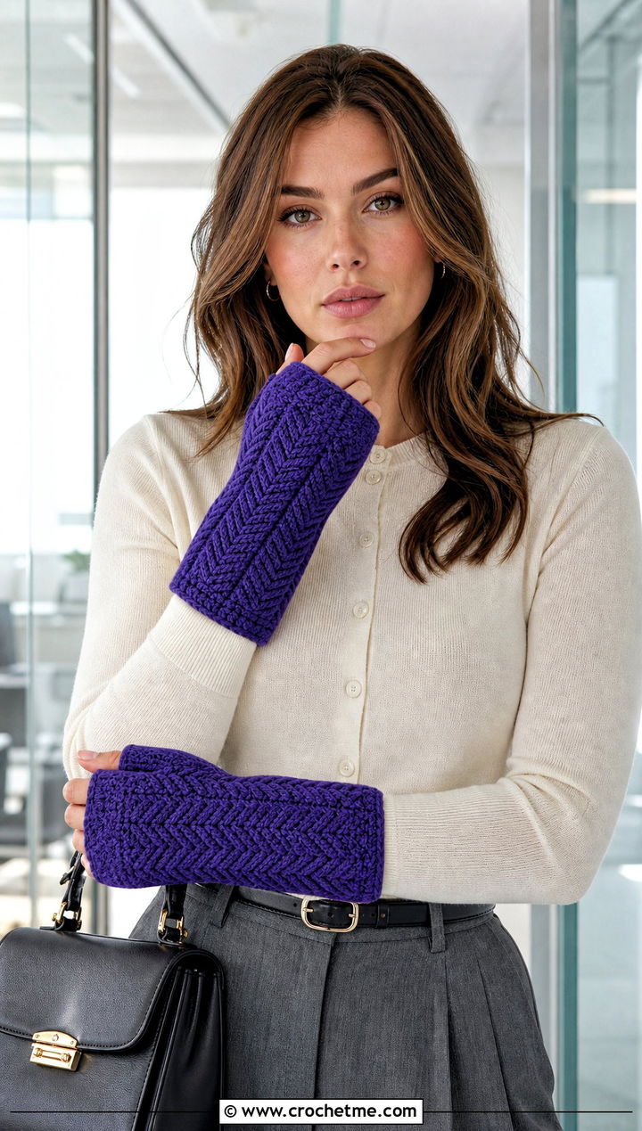 Herringbone Fingerless Gloves With Tailored Trousers - 25 Crochet Fingerless Gloves Bulky Yarn outfit ideas