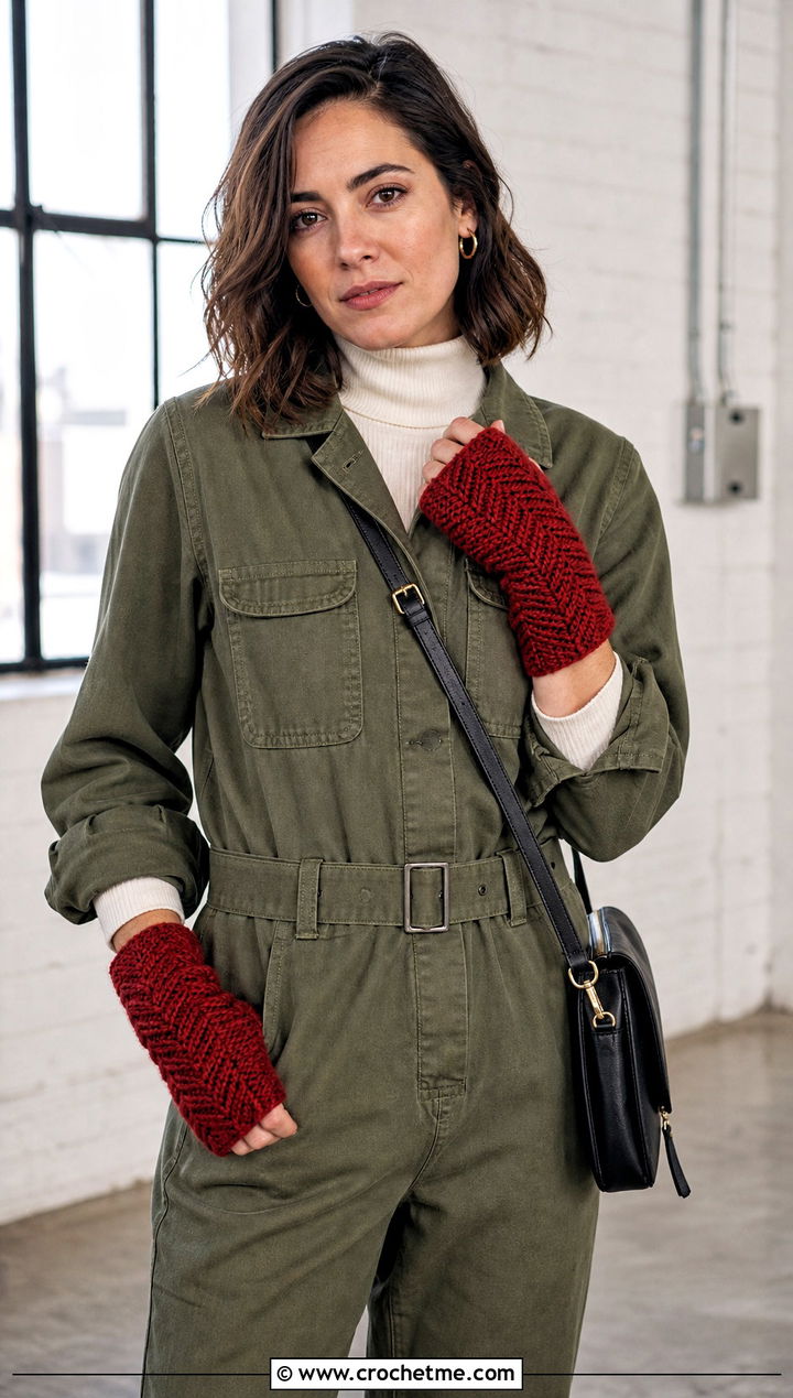 Herringbone Fingerless Gloves With Utility Jumpsuit - 25 Diy Crochet Fingerless Gloves outfit ideas
