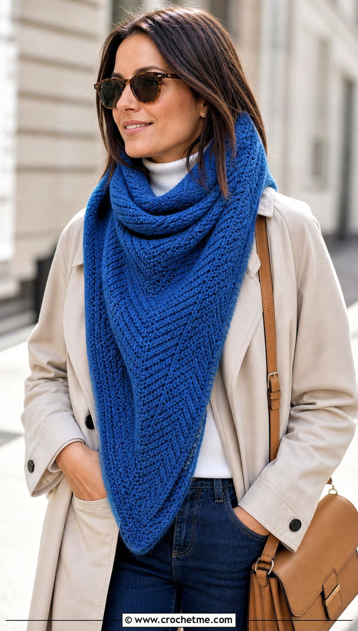 Herringbone Hooded Triangle Crochet Scarf With Trench Coat - 25 Hooded Triangle Crochet Scarf outfit ideas
