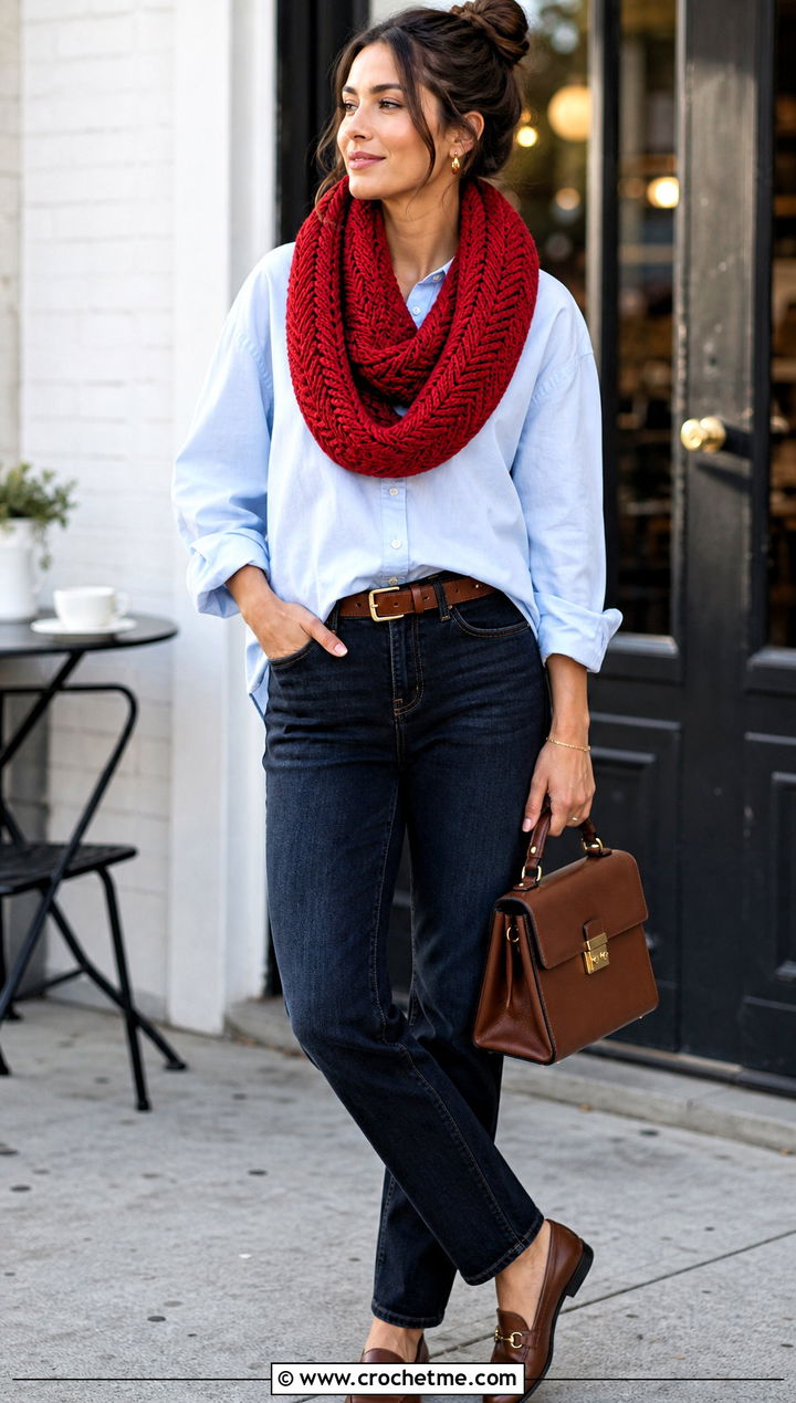 Herringbone Infinity Scarf With Button Down Shirt - 15 One Skein Crochet Infinity Scarf outfit ideas