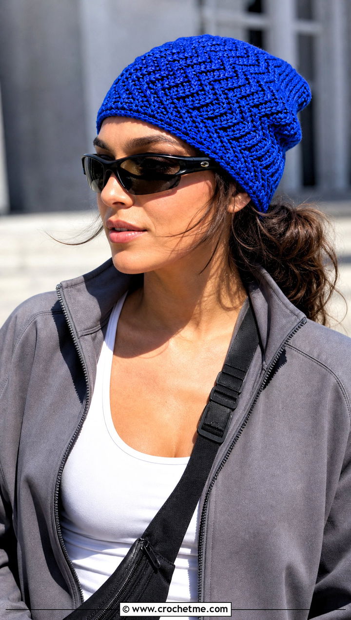 Herringbone Knit Look Crochet Beanie With Athleisure Set - 25 Knit Look Crochet Hat outfit ideas