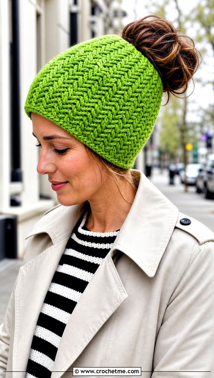 Herringbone Messy Bun Crochet Hat With Trench Coat - 25 messy bun crochet hat with hair tie outfit ideas