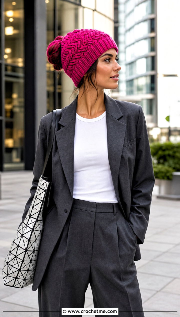 Herringbone Messy Bun Crochet Hat With Trouser Suit - 25 Easy Messy Bun Crochet Hat outfit ideas