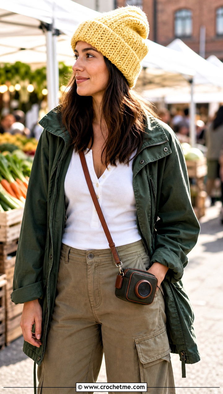 Herringbone Oversized Crochet Beanie With Utility Jacket - 15 Oversized Crochet Beanie outfit ideas