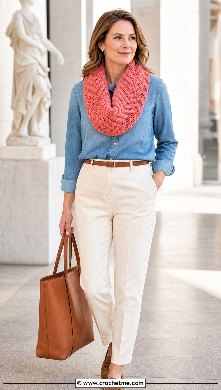 Herringbone Pink Crochet Cowl With Denim Shirt - 15 pink crochet cowl outfit ideas