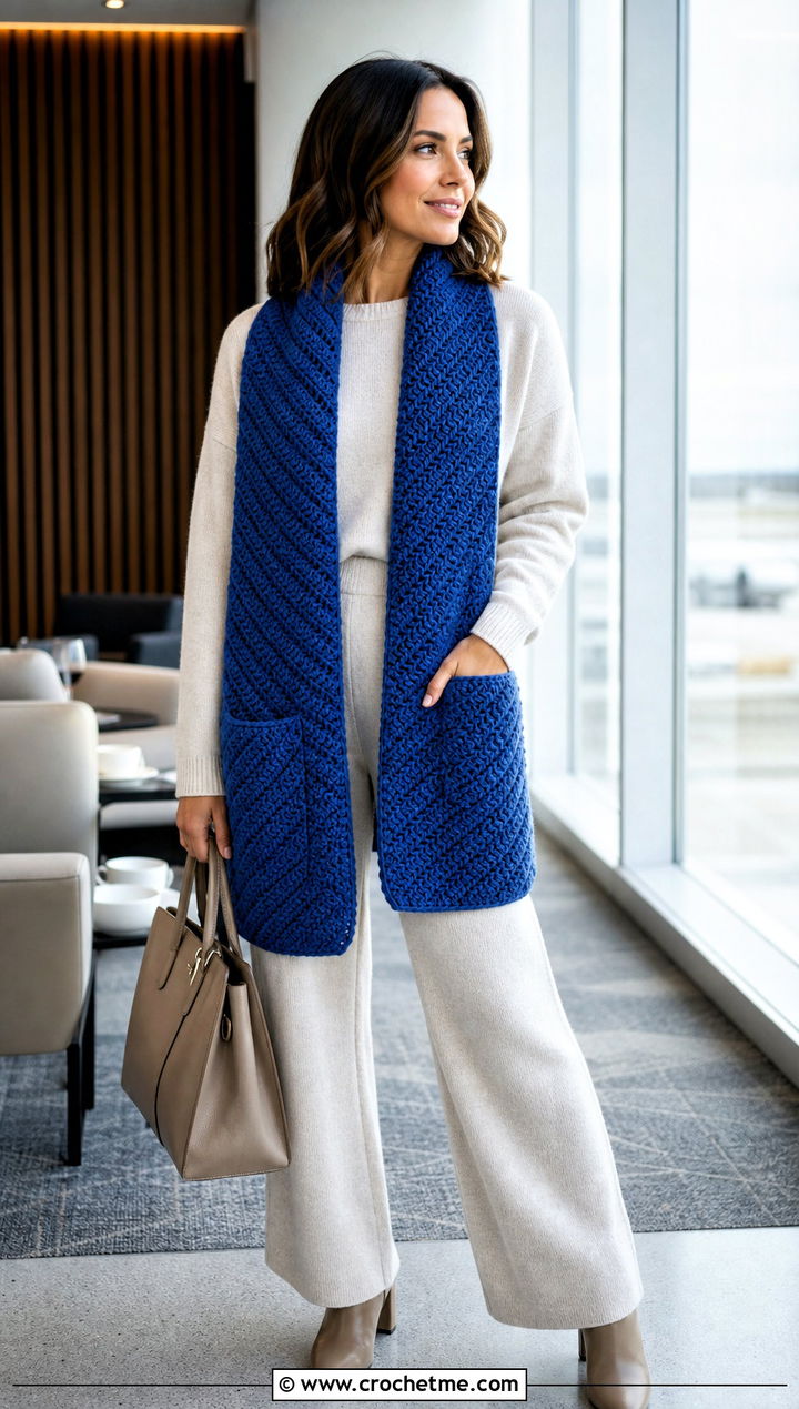Herringbone Pocket Scarf With Monochrome Knit Outfit - 25 crochet pocket scarves outfit ideas
