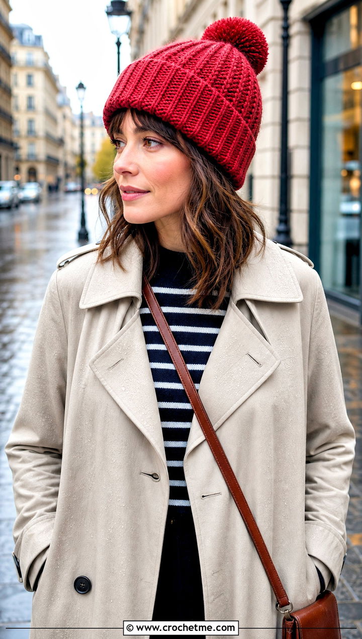 Herringbone Pom Pom Crochet Hat With Trench Coat And Sneakers - 30 crochet hat with pom pom outfit ideas