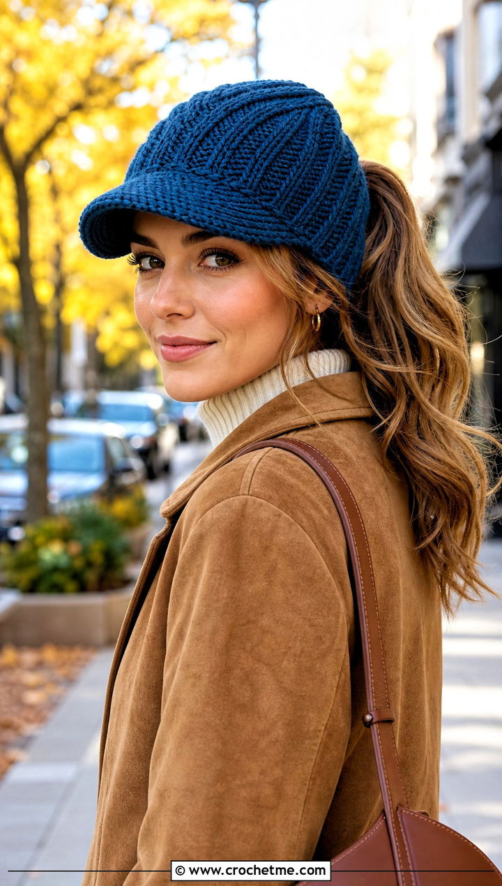 Herringbone Ponytail Hat With Suede Jacket - 30 ponytail crochet hat outfit ideas