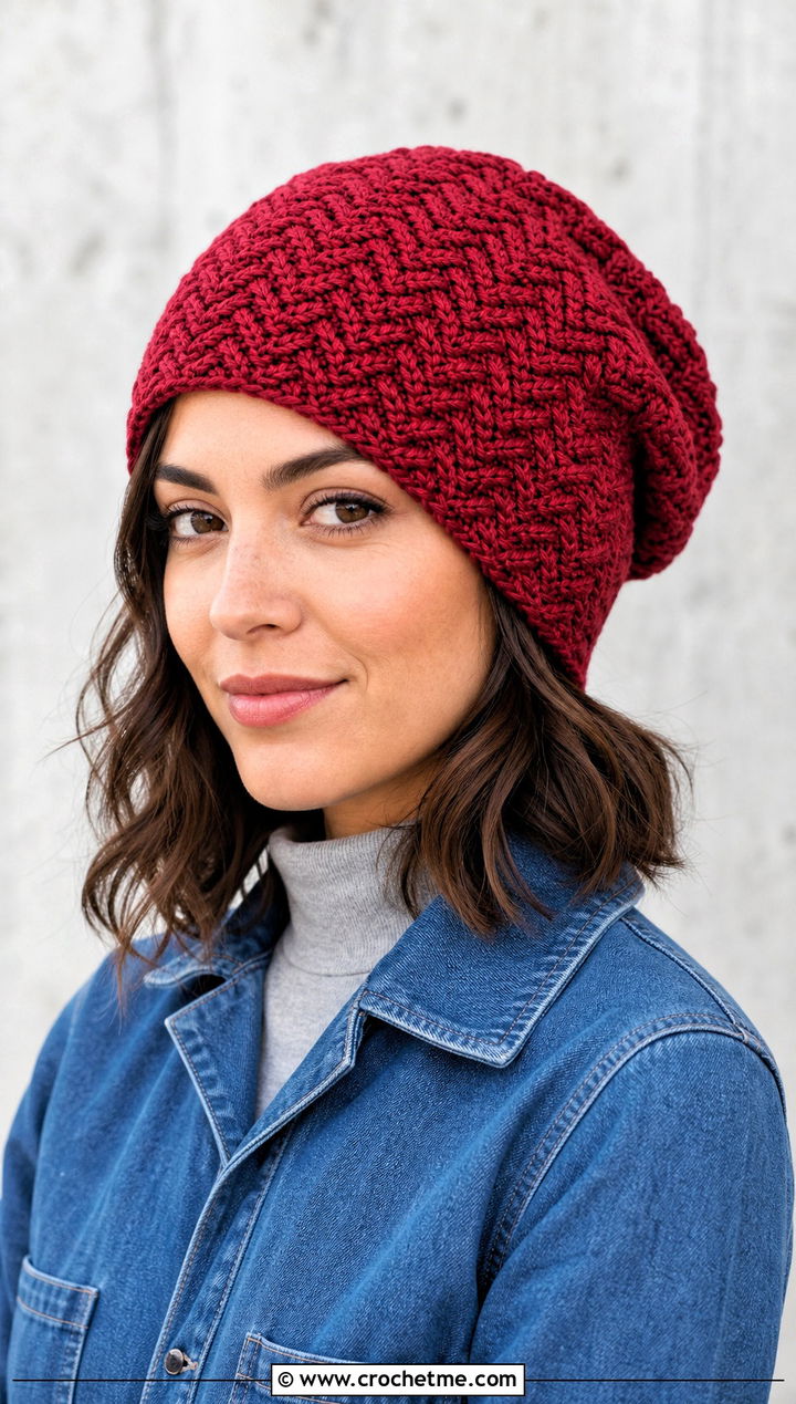 Herringbone Slouch Crochet Beanie With Denim Jumpsuit - 30 slouch crochet beanie outfit ideas