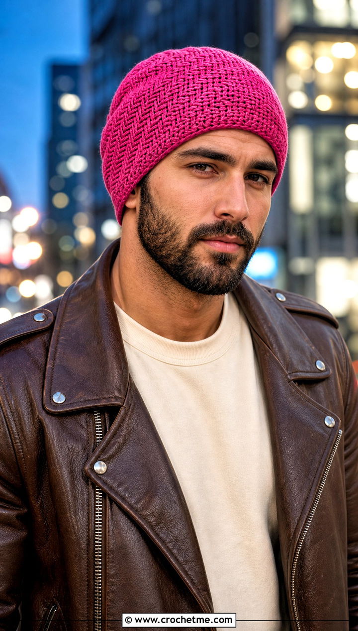 Herringbone Slouch Crochet Beanie With Leather Jacket - 20 Mens Slouch Crochet Beanie outfit ideas
