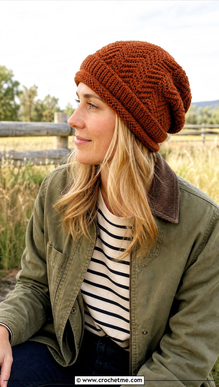 Herringbone Slouch Crochet Hat With Barn Jacket - 30 slouch crochet hat outfit ideas