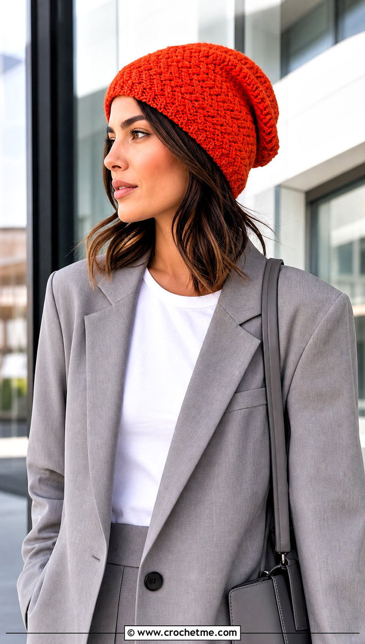 Herringbone Slouchy Crochet Beanie With Matching Suit - 25 Easy Slouchy Crochet Beanie outfit ideas