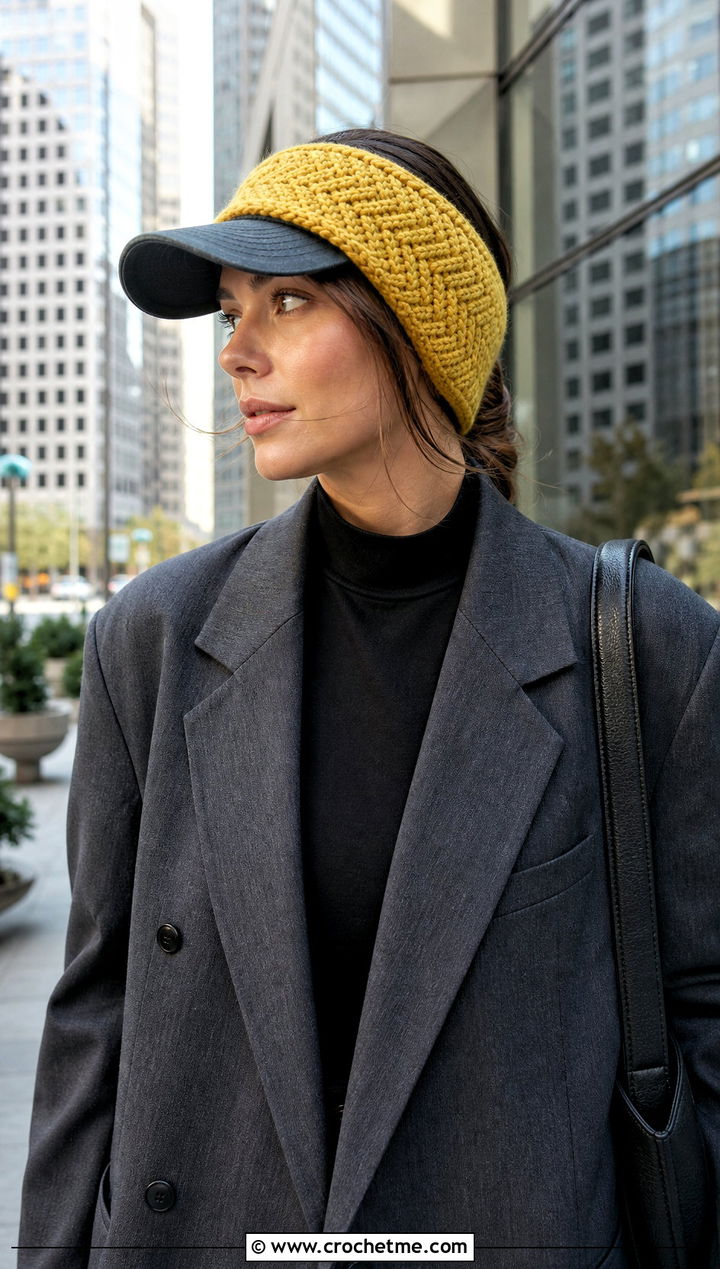 Herringbone Stitch Baseball Cap Ear Warmer With Blazer - 20 crochet baseball cap ear warmer outfit ideas