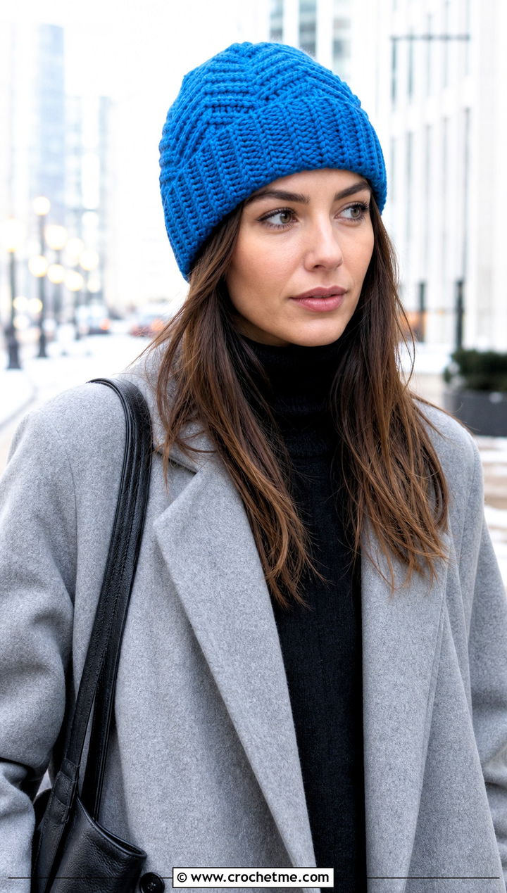 Herringbone Stitch Beanie With Wool Coat And Ankle Boots - 30 crochet stitch hat outfit ideas