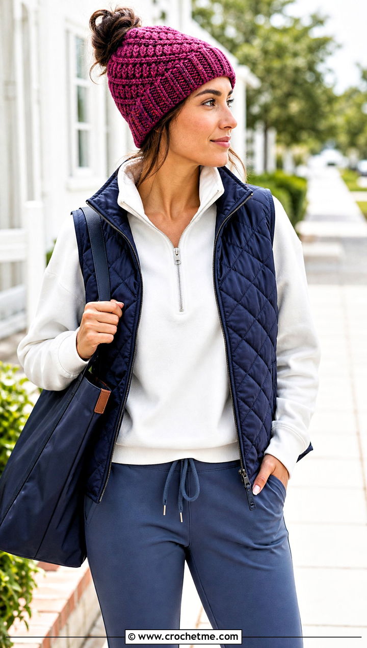 Herringbone Stitch Bun Crochet Beanie With Quilted Vest And Joggers - 25 Bun Crochet Beanie outfit ideas