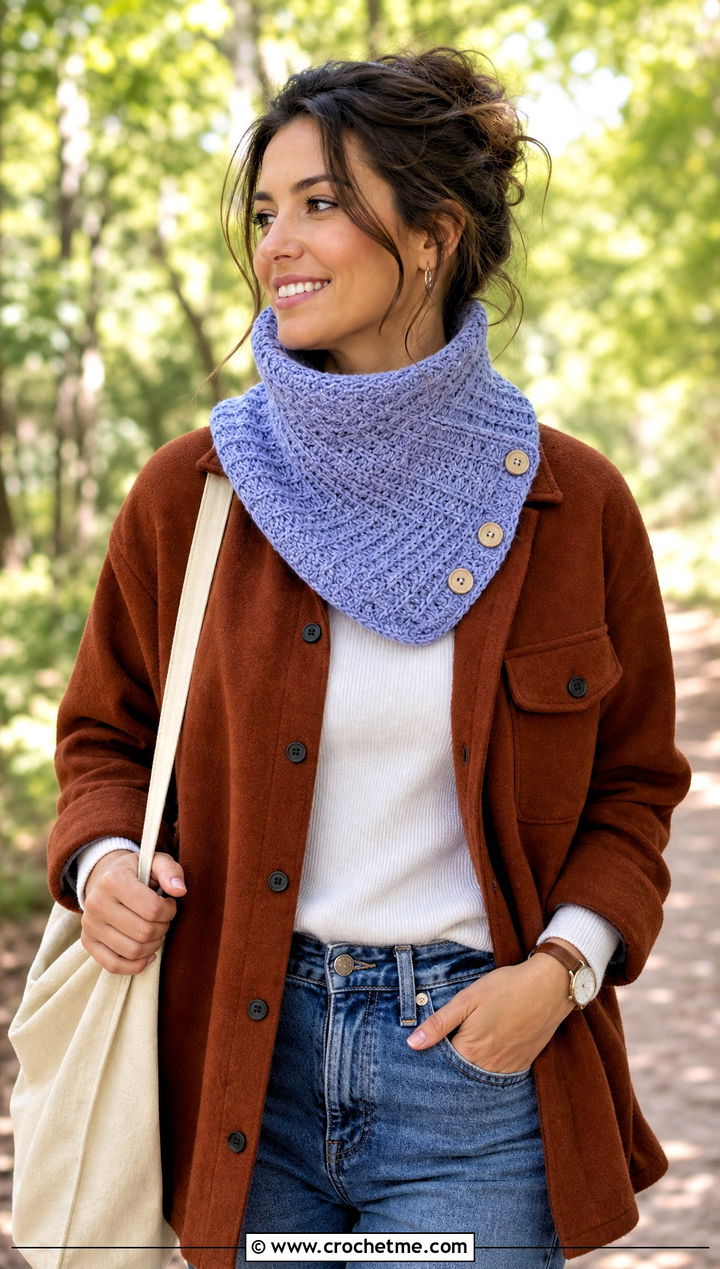 Herringbone Stitch Button Cowl With Shacket And Jeans - 25 crochet button cowl outfit ideas