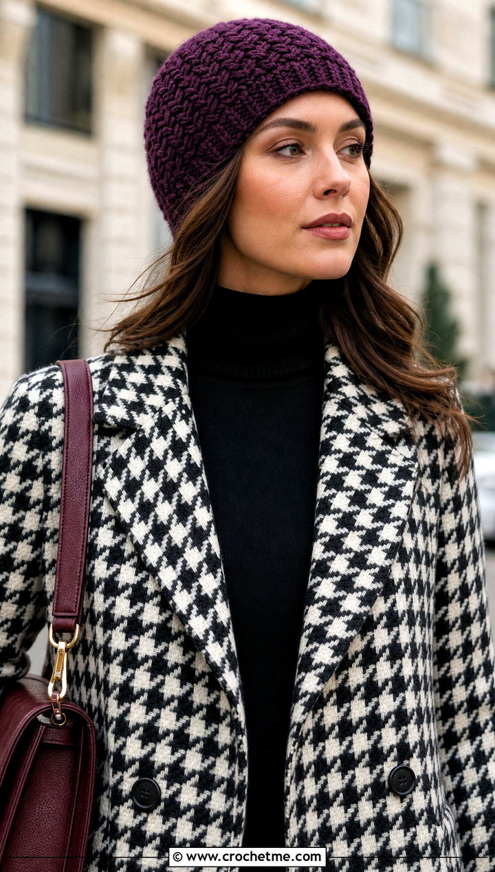 Herringbone Stitch Crochet Stocking Cap With Houndstooth Coat - 30 crochet stocking cap outfit ideas