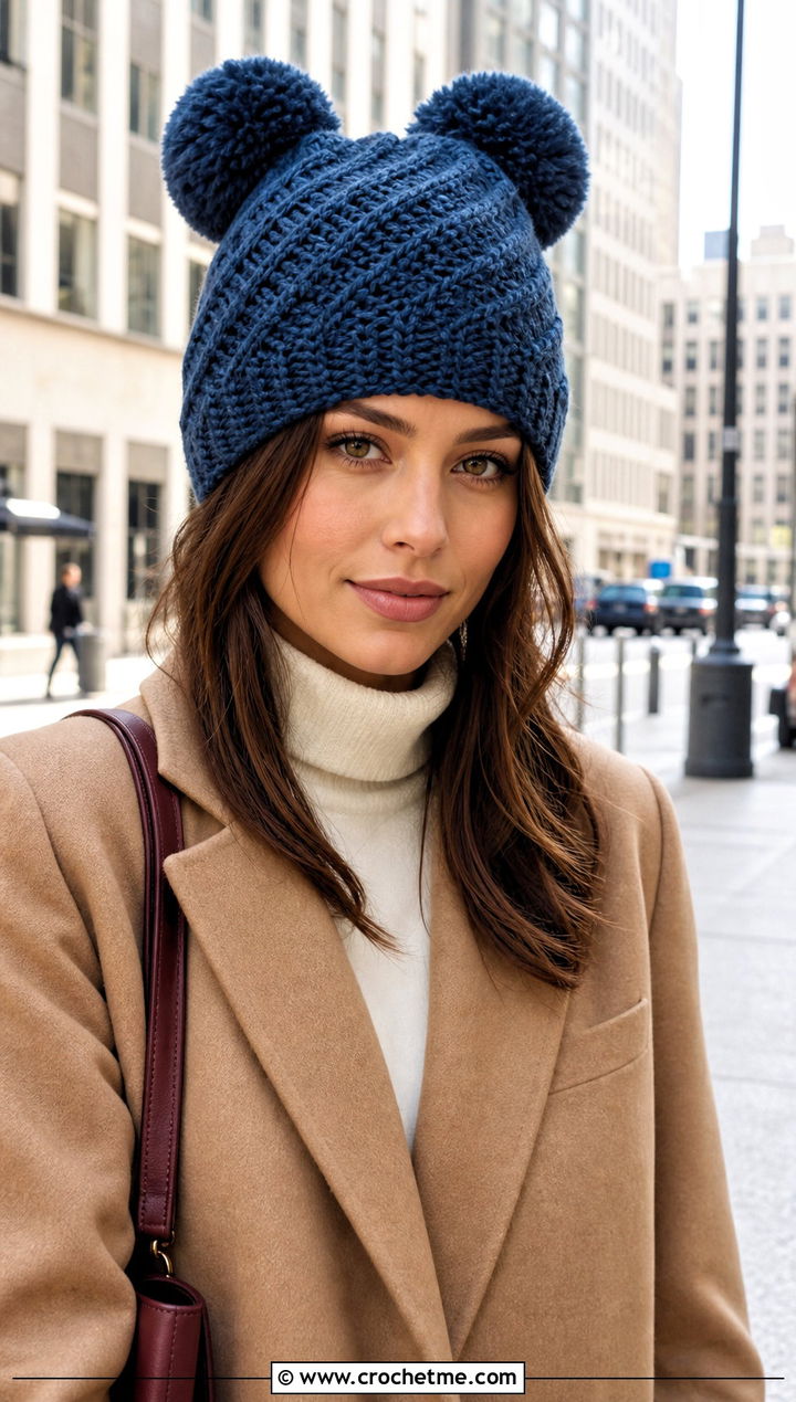 Herringbone Stitch Double Pom Pom Hat With Blazer - 25 Crochet Double Pom Pom Hat outfit ideas