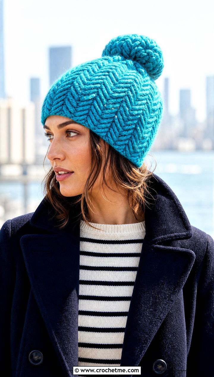 Herringbone Stitch Messy Bun Crochet Beanie With Peacoat - 30 easy messy bun crochet beanie outfit ideas