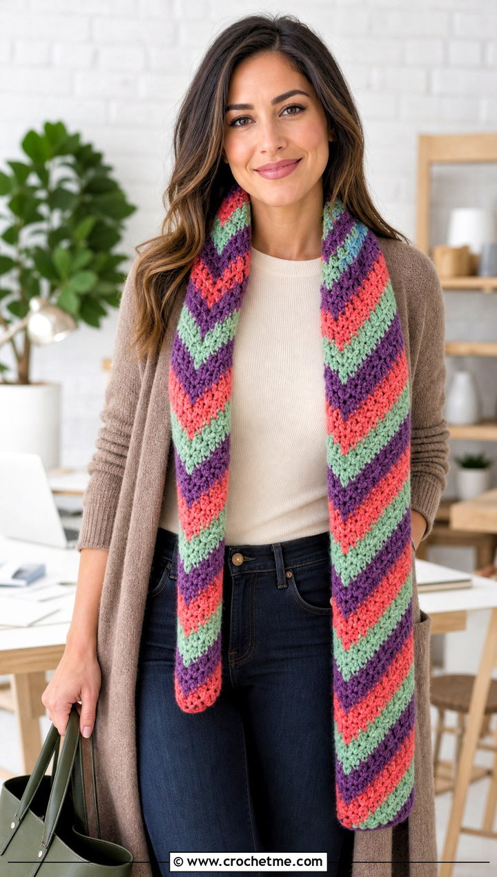 Herringbone Striped Crochet Scarf With Long Cardigan - 30 striped crochet scarf outfit ideas