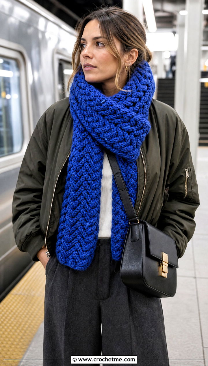 Herringbone Super Chunky Crochet Scarf With Bomber Jacket - 25 Super Chunky Crochet Scarf outfit ideas