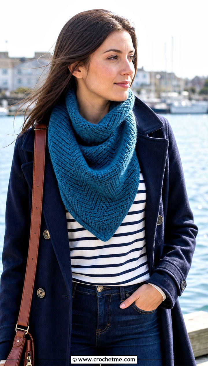 Herringbone Triangle Cowl With Peacoat - 30 crochet triangle cowl outfit ideas
