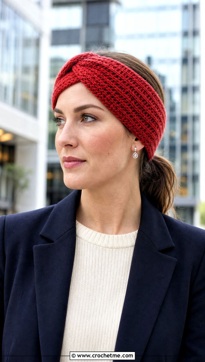 Herringbone Twist Crochet Ear Headband With Blazer And Jeans - 30 crochet ear headband outfit ideas