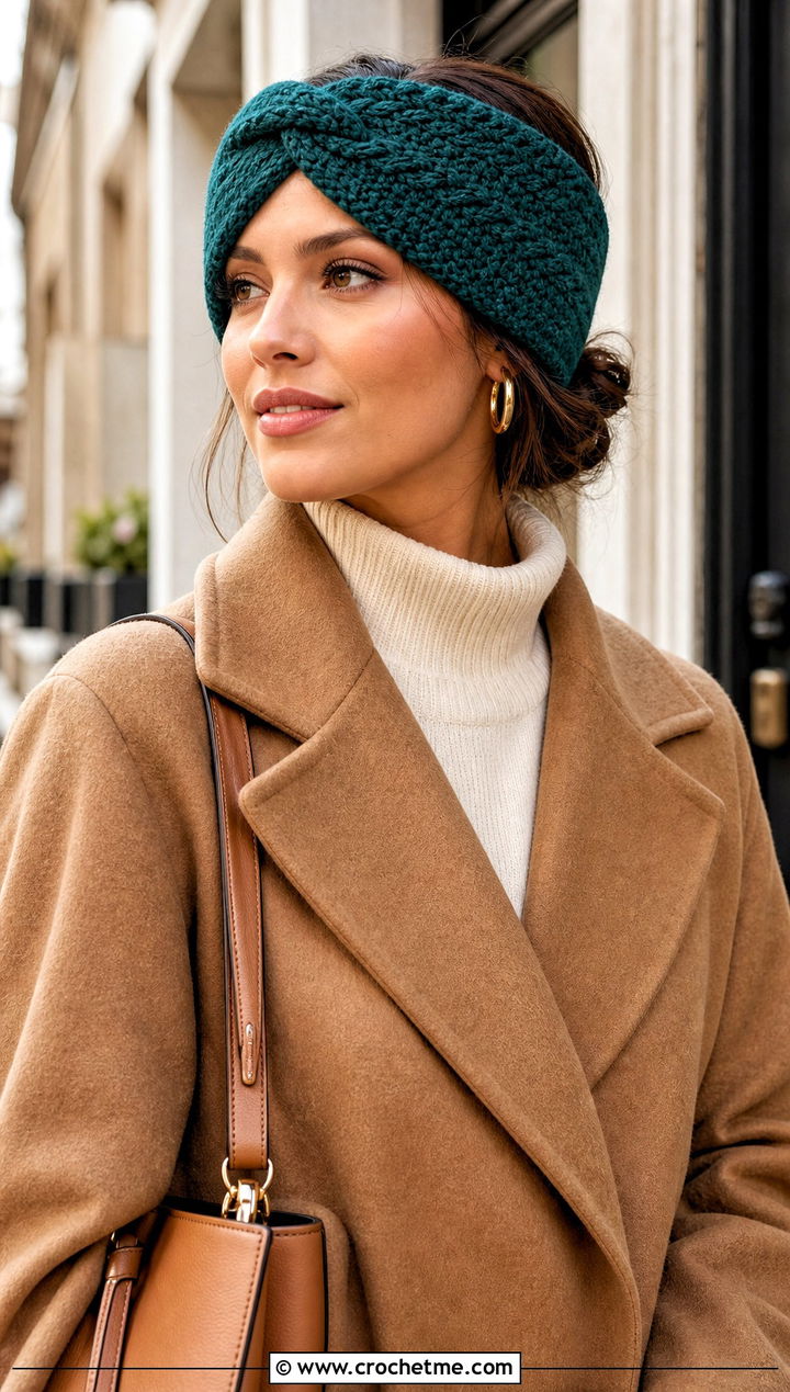 Herringbone Twist Crochet Ear Warmer With Wool Coat - 25 twist crochet ear warmer outfit ideas
