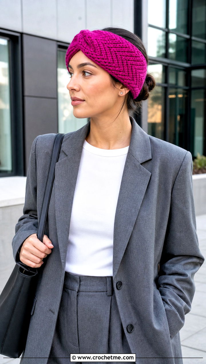 Herringbone Twist Ear Warmer With Blazer And Trousers - 25 Crochet Twist Ear Warmer outfit ideas