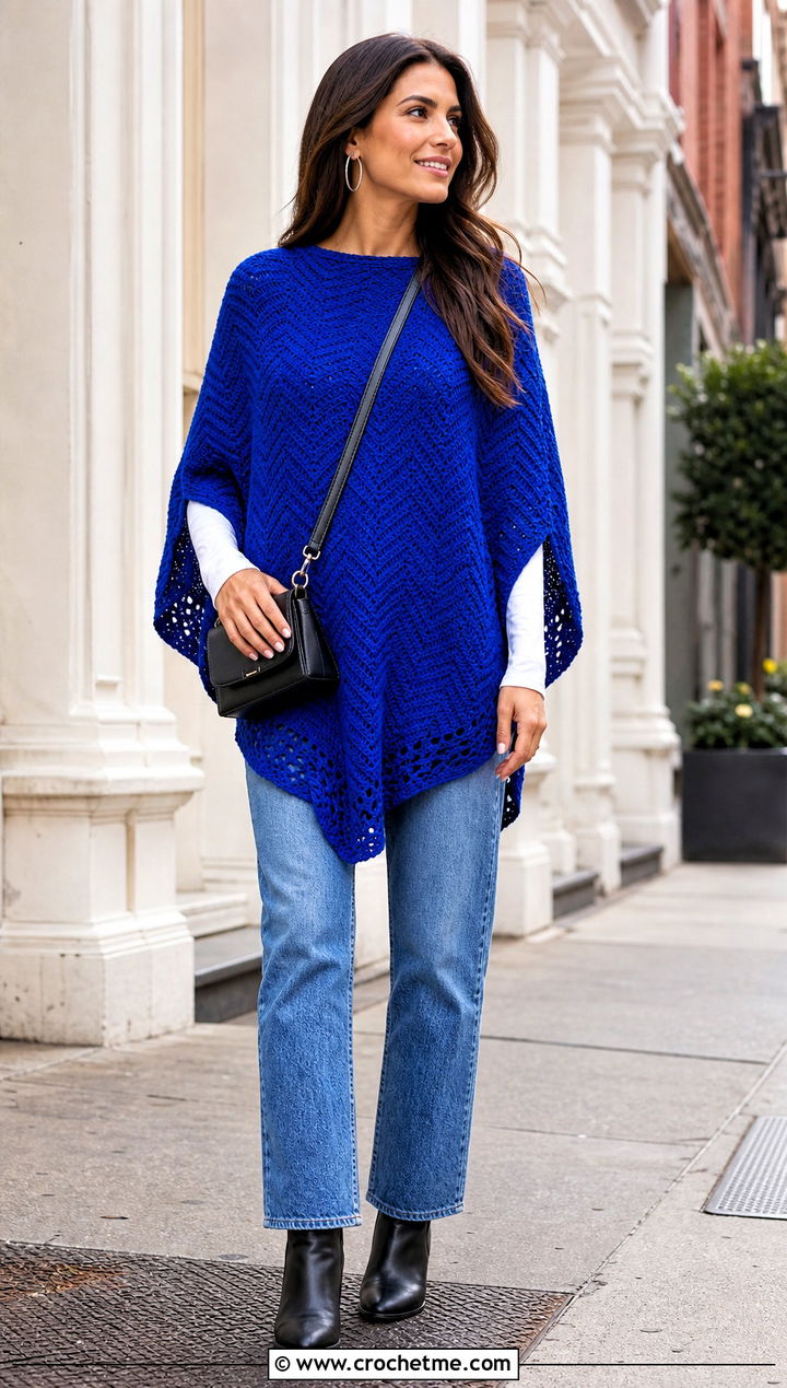 Herringbone Uptown Crochet Poncho With Straight Leg Jeans - 15 Uptown Crochet Poncho outfit ideas
