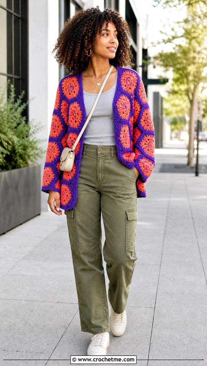 Hexagon African Flower Crochet Cardigan With Cargo Pants - 30 african flower crochet cardigan outfit ideas