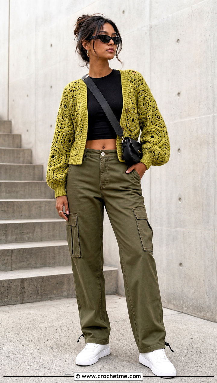 Hexagon Balloon Sleeve Cardigan With Cargo Pants - 25 Crochet Puffy Sleeves Cardigan outfit ideas
