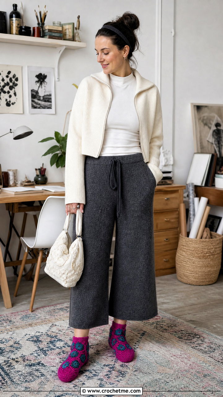 Hexagon Bed Socks With Wide Leg Knit Pants - 35 crochet bed socks outfit ideas