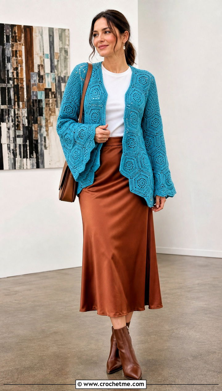 Hexagon Bell Sleeve Crochet Cardigan With Slip Skirt - 25 bell sleeve crochet sweater outfit ideas