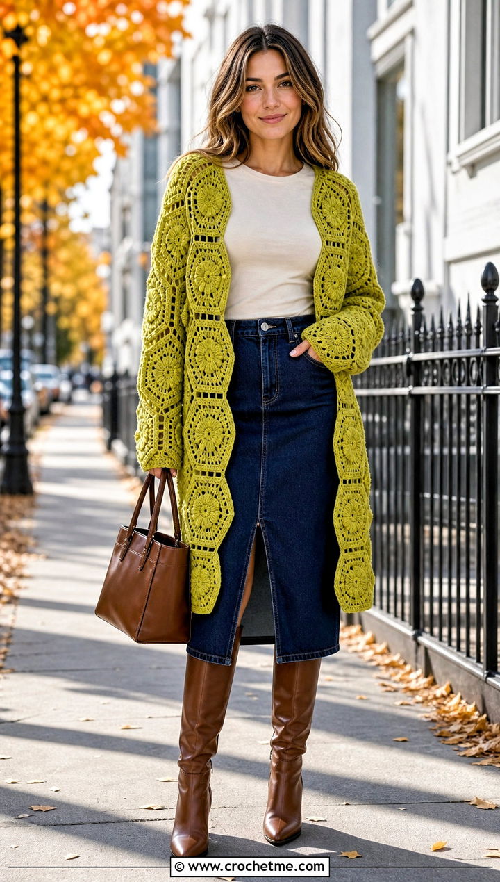 Hexagon Blanket Crochet Cardigan With Denim Midi Skirt - 25 blanket crochet cardigan outfit ideas