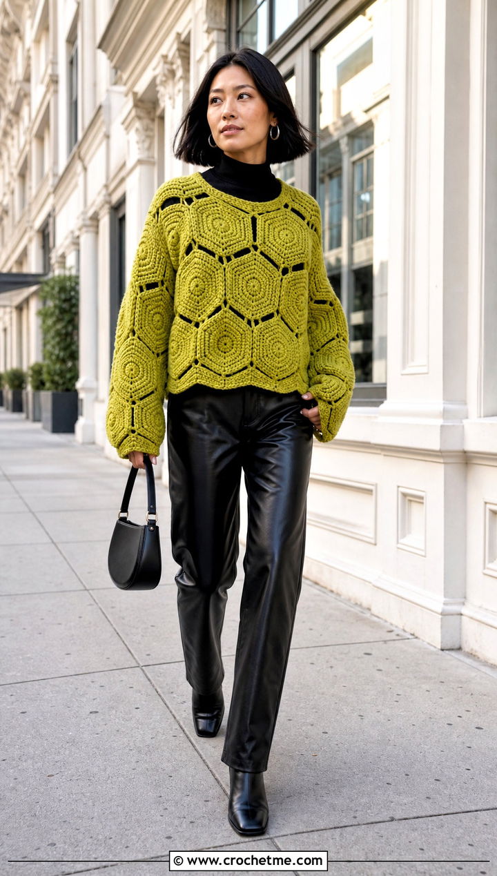 Hexagon Blanket Sweater With Leather Pants - 30 crochet blanket sweater outfit ideas