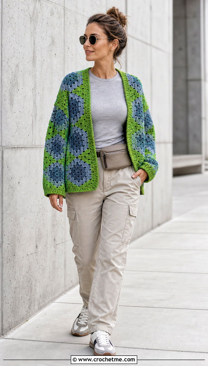 Hexagon Block Cardigan With Cargo Pants - 25 crochet block cardigan outfit ideas