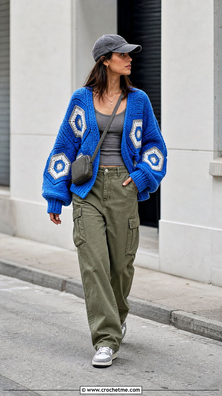 Hexagon Blue Crochet Cardigan With Cargo Pants - 35 blue crochet cardigan outfit ideas