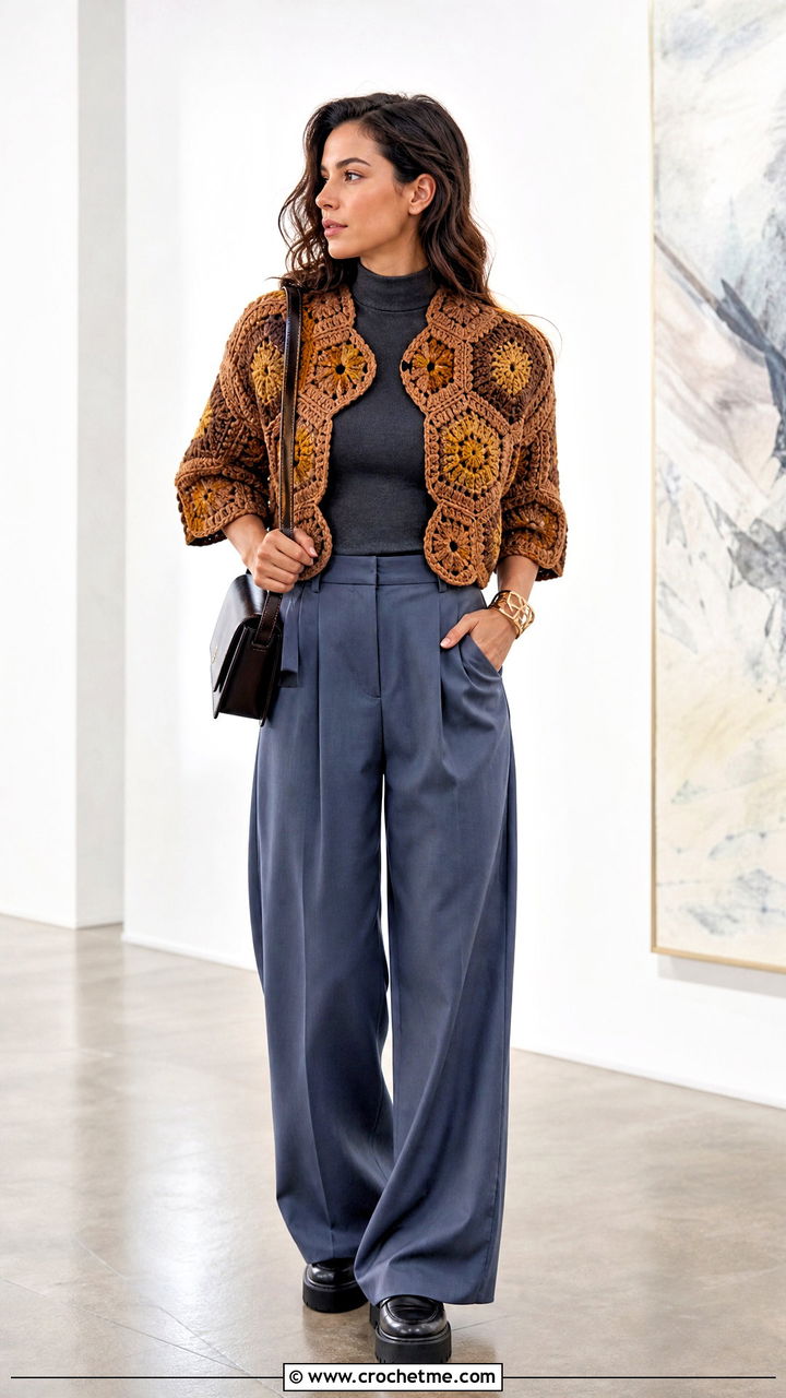 Hexagon Brown Crochet Cardigan With Wide Leg Trousers - 35 Brown Crochet Cardigan outfit ideas