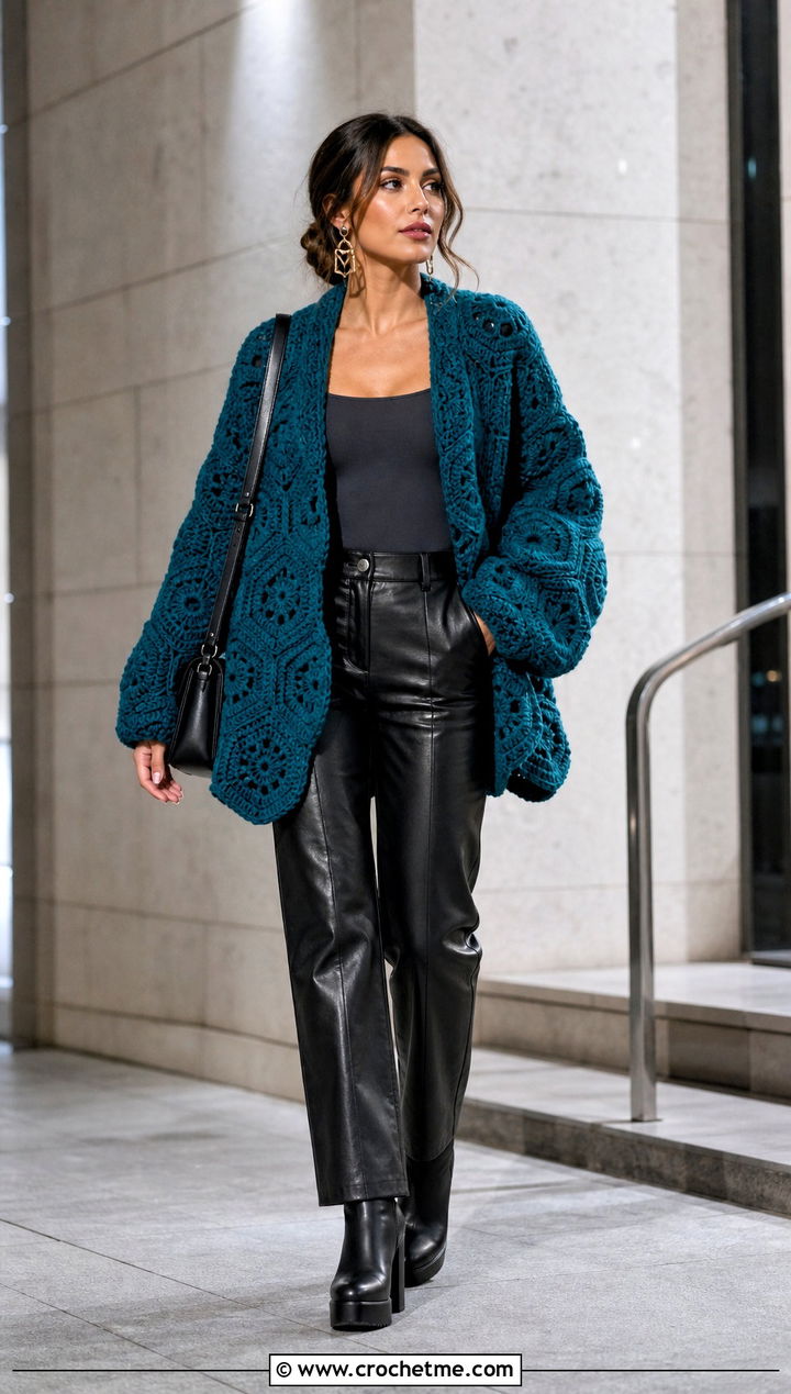 Hexagon Chunky Crochet Cardigan With Faux Leather Pants - 15 Chunky Yarn Crochet Cardigan outfit ideas