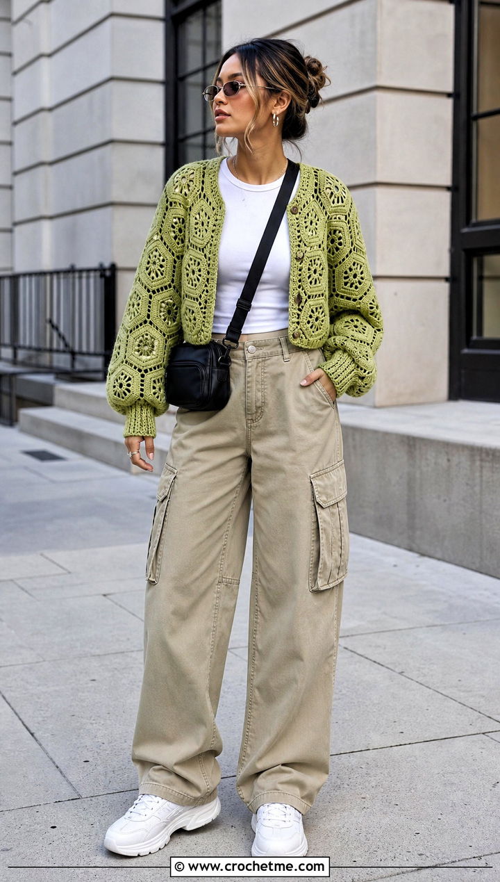 Hexagon Chunky Cropped Cardigan With Cargo Pants - 15 Crochet Chunky Cropped Cardigan outfit ideas