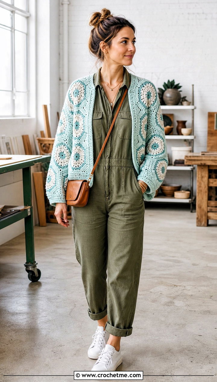Hexagon Cotton Granny Square Cardigan With Utility Jumpsuit - 25 cotton granny square cardigan outfit ideas