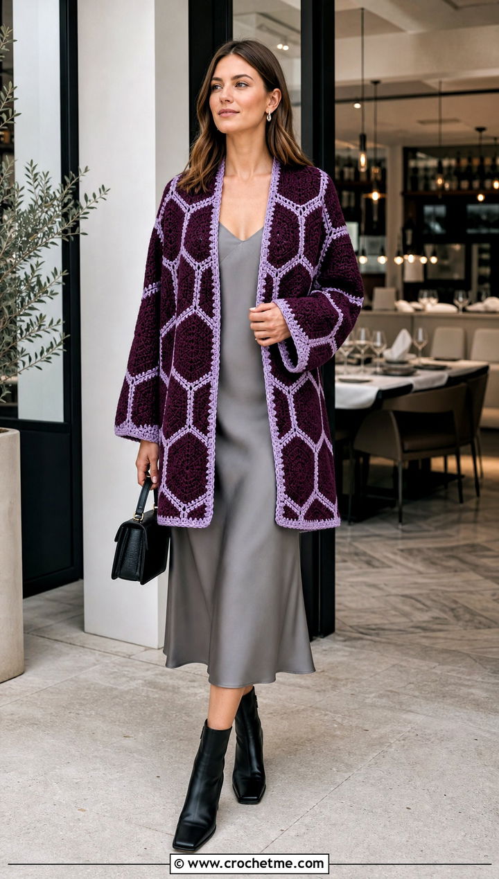 Hexagon Couch Crochet Cardigan With A Slip Dress - 15 Couch Crochet Cardigan outfit ideas