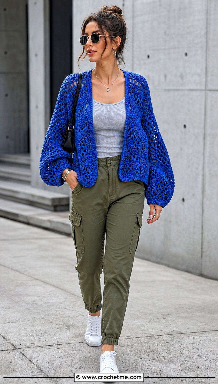 Hexagon Crochet Balloon Sleeve Cardigan With Cargo Pants - 30 crochet balloon sleeve cardigan outfit ideas