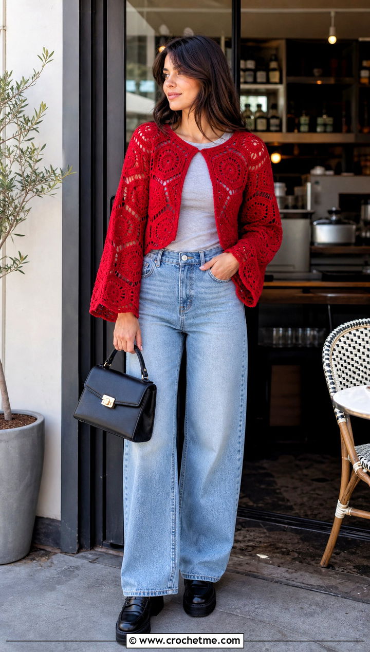 Hexagon Crochet Bell Sleeve Cardigan With Wide Leg Jeans - 30 crochet bell sleeve cardigan outfit ideas