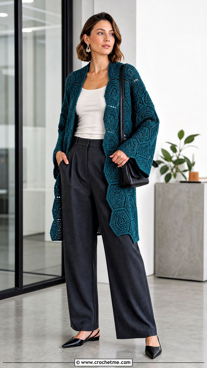 Hexagon Crochet Blanket Cardigan With Wide Leg Trousers - 35 crochet blanket cardigan outfit ideas